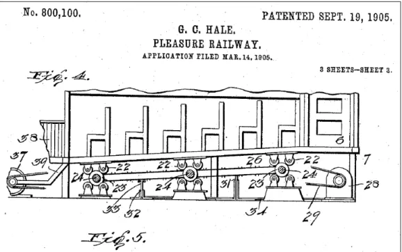 Figure 3. Image tirée du brevet déposé par George C. Hale pour le Pleasure  Railway (les futurs Hale’s Tours) le 14 mars 1905