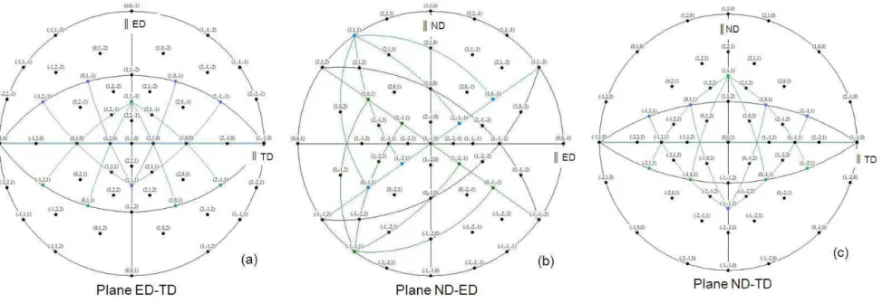 Fig. 4.2. Stereographic projections showing configuration of the most active slip systems in the ideal (110)[00-1] orientation