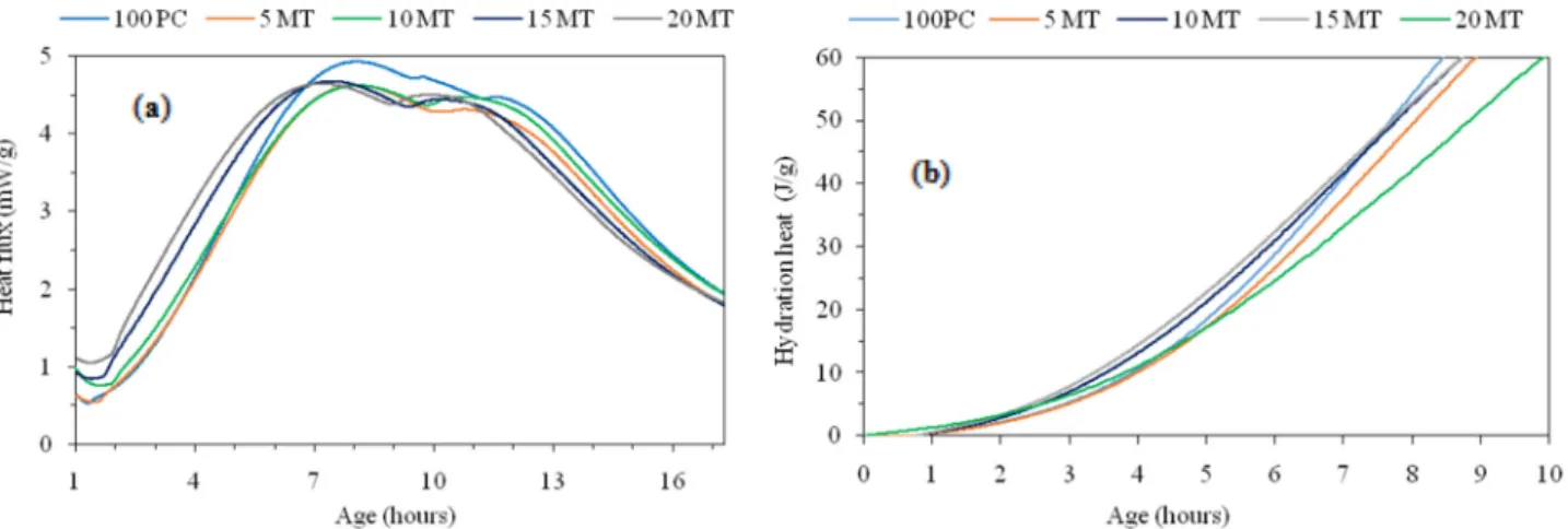 Fig. 6. Detail of heat ﬂ ux and hydration heat of MT pastes.