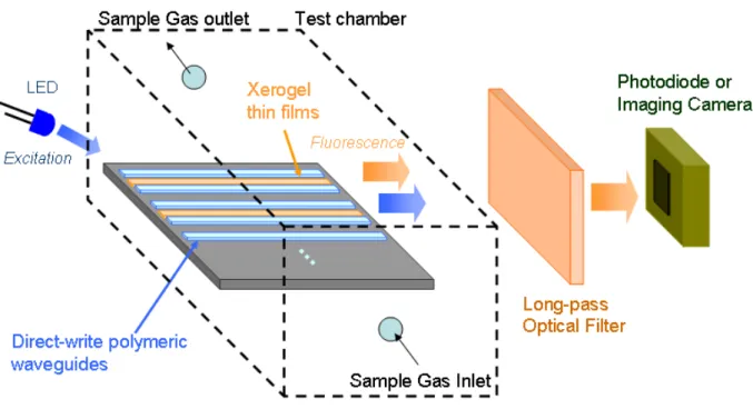 Figure 1. Simplified block diagram of the optical sensor system implementing the  polymeric waveguide support platform and xerogel recognition materials