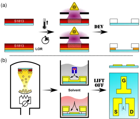 Figure 1.13: (a) Photolithography steps with spincoating of positive photoresist, softbaking, exposure and development (from left to right)
