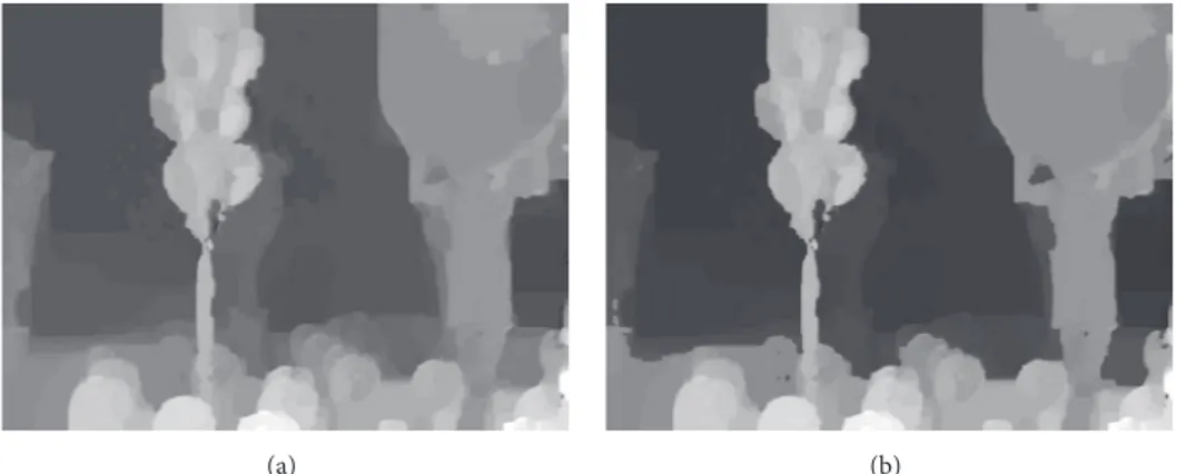 Figure 8: Depth map of Balloons view 5 frame 1: (a) original and (b) after dynamic range adjustment of foreground zone with 