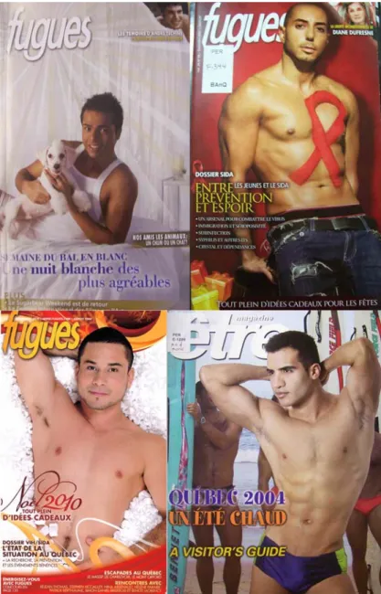 Figure 6 : (de gauche à droite et de haut en bas) homme sud-asiatique  sur la couverture du Fugues de mars 2008; homme arabe sur la couverture du Fugues de décembre 2007; hommes latinos sur les  couvertures du Fugues de décembre 2010 et d’Être en 2004