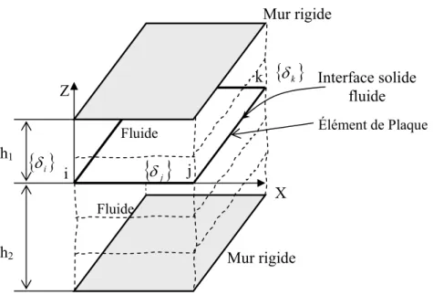 Figure 7: Élément de plaque en contact avec un fluide ayant à la limite supérieure et inférieure  un mur rigide 