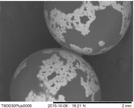Fig. 3.4. Surface of two glass beads of 2 mm in diameter wetted with polyethylene glycol 400 for small  liquid fraction (V R  = 1%)