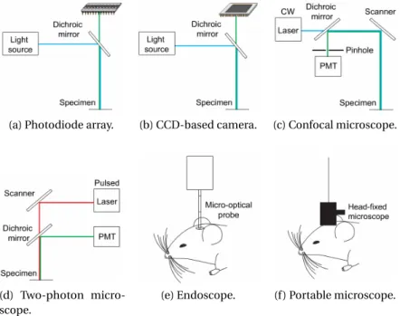 Figure 1.10 illustrates the major instrumentation types of imaging used in biology. The light sensing device is usually mounted on a microscope in combination with a light source