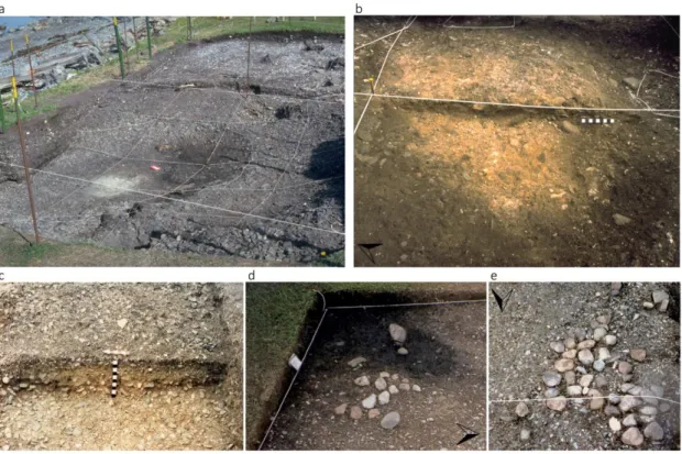 Figura  3. Túnel  VII  final  phase  of  excavation,  revealing  the  earlier  combustion  area  AC1  (a)  and  two  overlapped fireplaces in the central area of TVII, AC6 and AC8 (b)