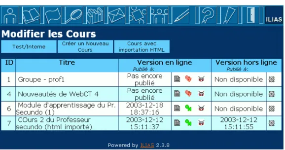 Fig. 17  Ecran d'accueil de la partie &#34;Edition de cours&#34; 