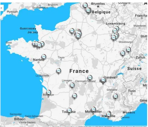 Figure 2 : carte de répartition des différents LéA en 2018-2019 sur le territoire français