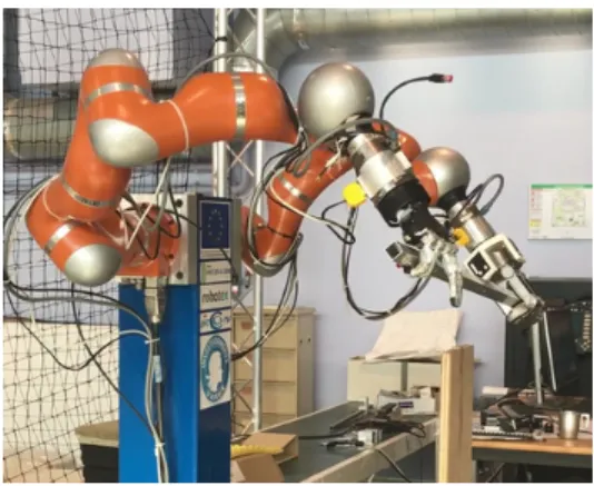 Fig. 1. The experimental platform at LS2N: a dual-arm robot featuring two Kuka LWR manipulators with a Schunk SDH (left hand) and Schunk SVH (right hand).