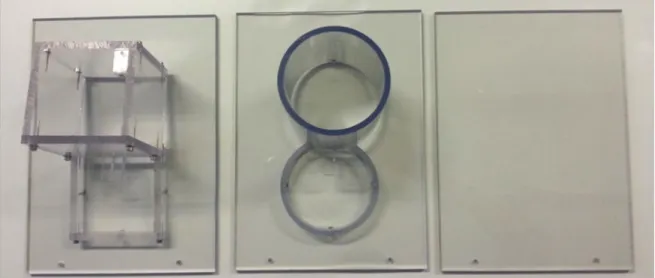 Figure  3-16 :  Cellules  de  cisaillement pour  les  essais  en  cohésion  et  en  adhésion  (à  gauche et au centre : plans pour le test de cohésion à anneau carré et à anneau rond ; à  droite : plan pour le test d’adhésion) 