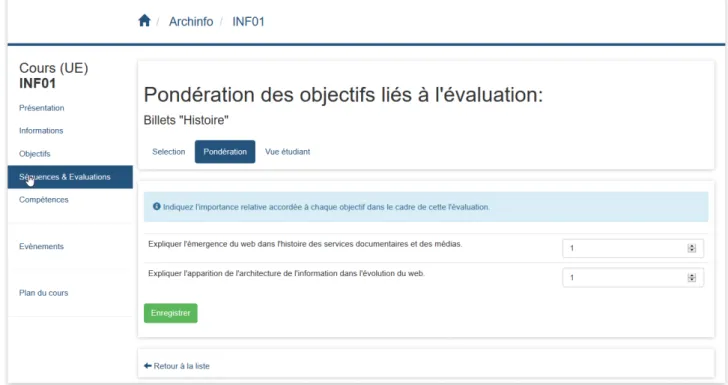 Figure 7. Pondération des objectifs d’apprentissage dans la nouvelle version d’ALOES 