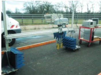 FIGURE 1.  The French Research Institute of Science and Technology for  Transport, Development, and Networks’ (IFSTTAR’s) air-coupled  step-frequency GPR and the automated bench to scan the near subsurface [14].