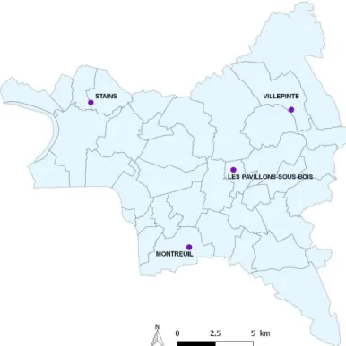 Figure 1 : localisation des quatre collèges dans le département 