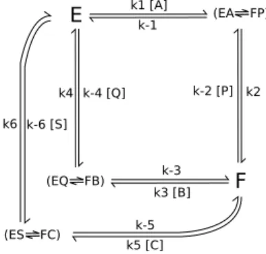 Figure 2: King-Altman representation. The enzyme (E), the acyl enzyme (F), the ester (A), the (R) and (S) alcohols (respec- (respec-tively B and C), the leaving alcohol product (P), the (R) and (S) ester products (respec(respec-tively Q and S).