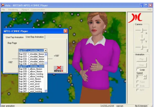 Figure 2.17. The ARTEMIS Avatar Animation Interface with the forward kinematics BAP editing  control dialog