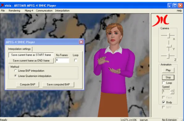 Figure 2.19. The ARTEMIS Avatar Animation Interface with the “Interpolation” control dialog for the  case of two key-frames