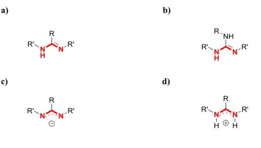 Figure 1.1 – Structures N-C-N conjuguée des amidinates et guanidinates a) structure générale  de  l’amidine  N,N’  et  C  trisubstituée,  b)  structure  générale  de  la  guanidine  N,N’  et  N’’ 