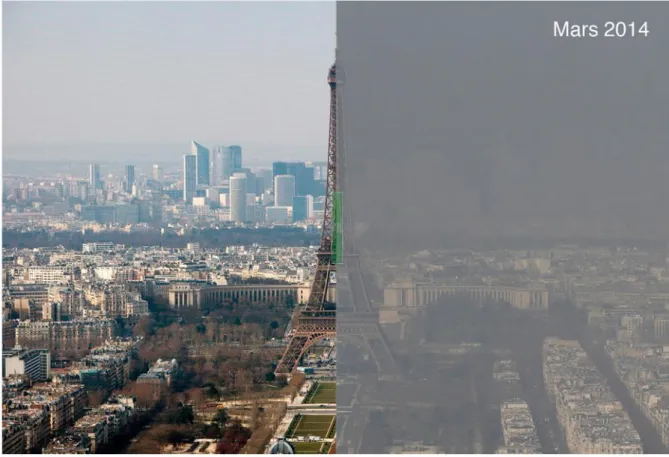 Figure I-1 : Illustration de l’effet de smog sur la ville de Paris (copie d’écran du site  lemonde.fr du 14.03.2014) 