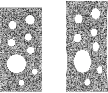 Fig. 1 Computational mesh of 4111 nodes and 7764 triangular elements (left) and typical deformed configuration (right).