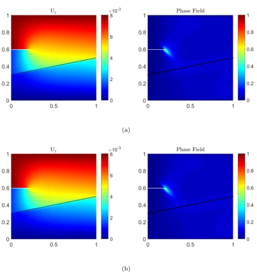 Fig. 10: Displacement field in the y− direction u y (x) and damage d(x) corresponding to U = 0.008 mm: (a) first displacement jump approximation (JA1), (b) second displacement jump approximation (JA2)