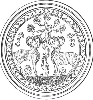 figure 4: Esquisse d’un plat en argent sassanide, représentant la Source de Vie au sommet la montagne sacrée de Hukairya associée ici, aux deux bouquetins