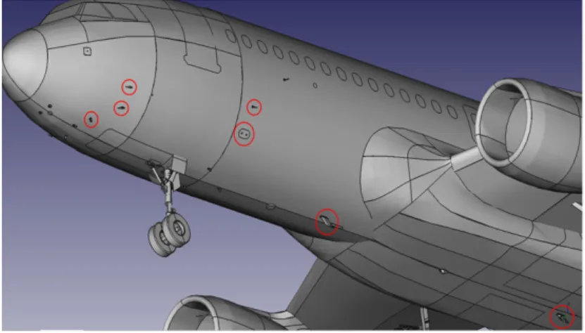 Figure 2.5: Simpliﬁed 3D model of the Airbus A320 in IGES format, with some red circled items to be inspected.