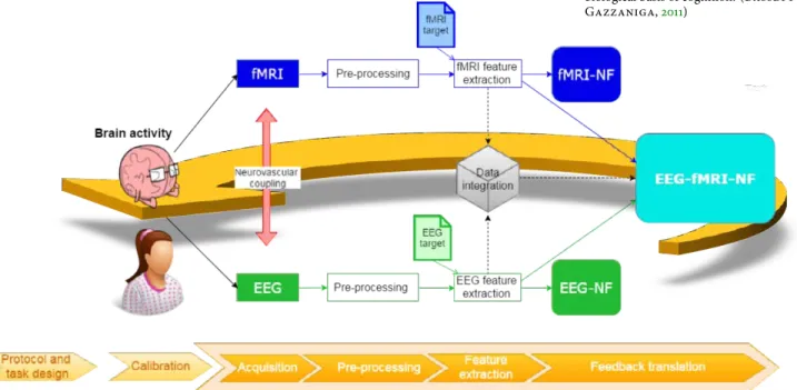 Figure 1 – Cette figure illustre la boucle fermée du NF-EEG, du NF-IRMf et du NF-EEG-IRMf, les étapes préparatoires hors-ligne telles que &#34;Design de la tâche et du protocole&#34; et &#34;Calibration&#34;, ainsi que les concepts issus de la  lit-tératur