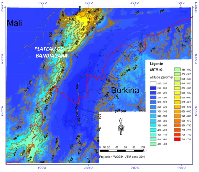 Fig. I. 5 : Carte topographique issue des données SRTM-90 montrant l’extension de la  plaine du Gondo Mali  Burkina 12345367857793A8B3C3D37