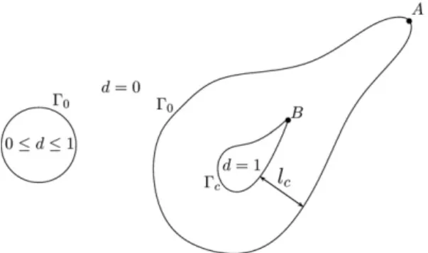 Fig. 1. A single level set function locating two damaged zones. The iso-zero C 0