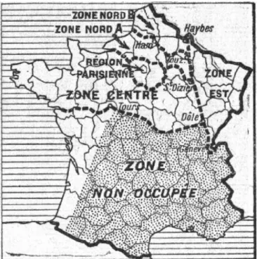 Figure  1 :  Carte  de  la  France  publiée  dans  la  presse  française  après  la  signature  de  l’armistice 12   