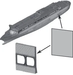 Figure 1: Finite element model at coarse-scale: left and middle, and fine scale: right.