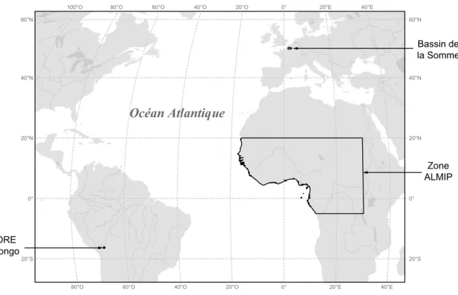 Fig. 1.12. Localisation des sites ´etudi´es (ORE : Observatoire de recherche en environnement, install´e sur la moraine du glacier Zongo).