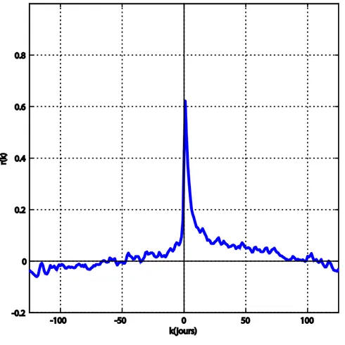 Figure 1-5 Fonction de corrélation croisée (pluie-débit) appliquée sur le système du Baget pour la période 1973-1992