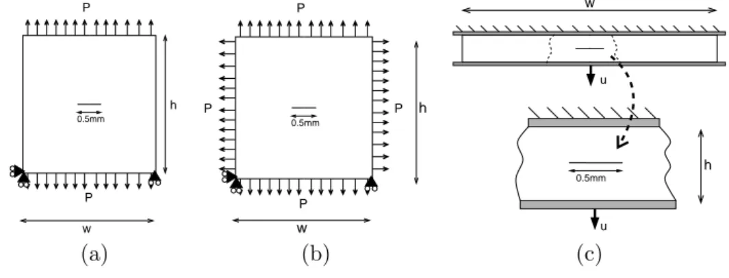 Figure 14: Nonlinear Griffith problem: (a) uniaxial extension, (b) equibiaxial extension, (c) pure shear