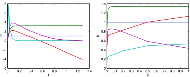 Figure 5. Most significant functions depending on the space and conductivity involved in the separated representation of u.x 2 .t /, t , k/