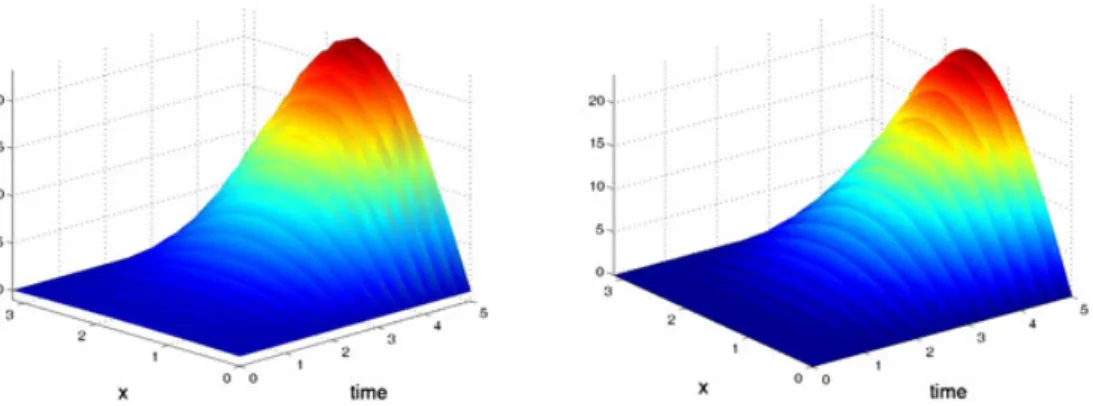 Figure 10. Space–time reconstructed solution u.x, t / computed from the separated representation whose involved functions were depicted in Figures 8 and 9 (left) and exact solution (right).