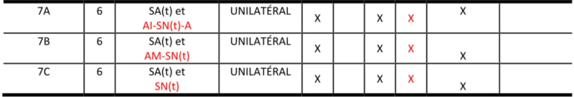 Tableau I: Dans la colonne Protocoles, les lettres A, B et C représentent les sous-groupes et   les numéros de 1 à 7 représentent les protocoles réalisés