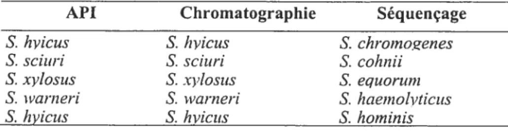 Tableau 11. Inventaire des espèces de Staphytococcus coagulase négative provenant de la Montérégie et d’Agassiz ayant obtenus des résultats d’identification similaires par API 20 Staph