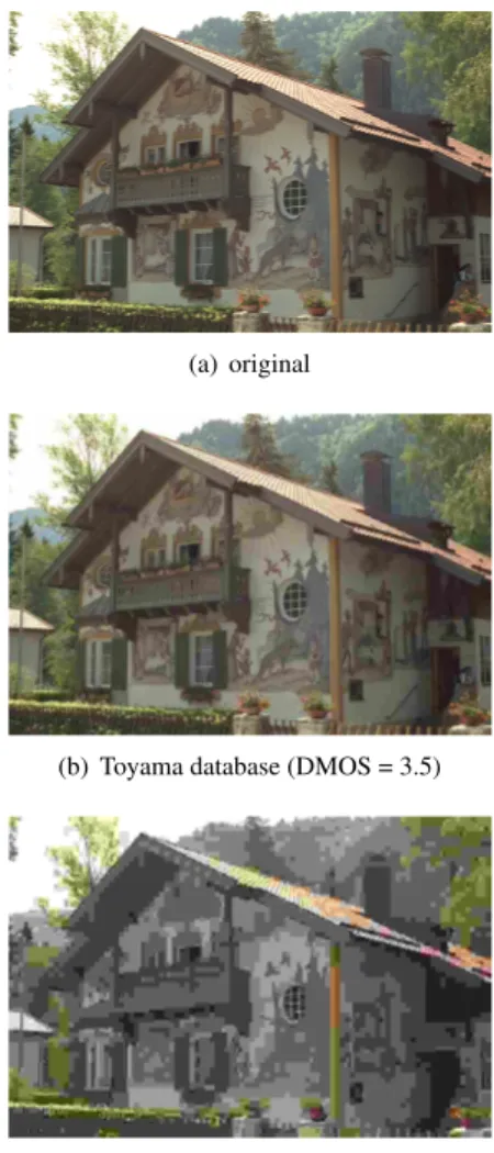 Fig. 2: Illustration of the difference of low anchor between two databases. (b-c): lowest quality pictures for JPEG  distor-tion respectively in Toyama and LIVE databases.