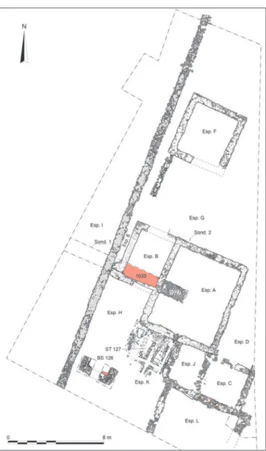 Fig. 18 – Plan des constructions du secteur A. Le long mur de l’enceinte  orientale du mausolée sépare l’esplanade, dépourvue de tout élément  bâti, de l’établissement agricole et artisanal organisé autour des pièces A,  B et F
