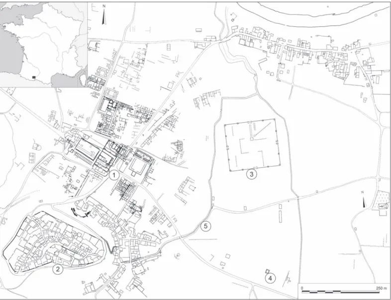 Fig. 1 – Plan de Lugdunum des Convènes. 1, centre monumental de la ville romaine ; 2, ville haute ; 3, camp militaire ; 4, mausolée d’Herrane ;  5, ruisseau du Plan (limite de l’espace urbain) (conception : J.-L