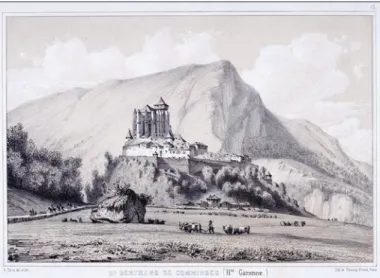 Fig. 2 – On distingue clairement dans le paysage le massif de maçon- maçon-nerie du mausolée d’Herrane et, sur la gauche, le talus du mont Arès