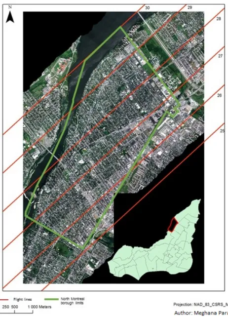 Figure 10 The borough of Montreal North: mosaic of CASI 1500 hyperspectral imagery (true color composite bands 14 in blue,  28 in green, and 42 in red)) with the flight lines covering it  