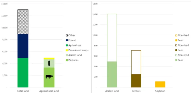 Figure 1.1.14. Global pasture land area by region, and for the EU, grass feed allocation over animal categories (Mha)