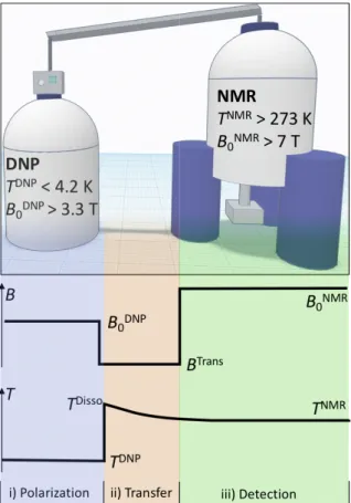 Figure 1. Principle setup of a d-DNP experiment. The DNP apparatus  (left) typically operates at comparable or slightly lower magnetic fields  than the NMR spectrometer used for detection (right)