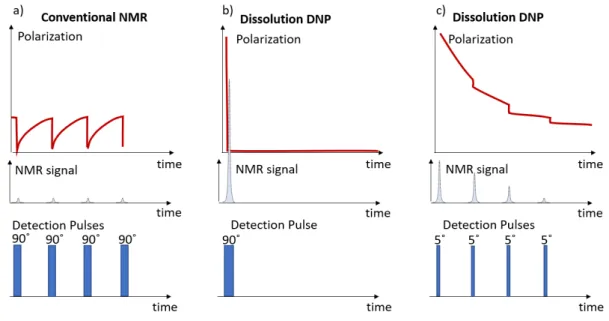 Figure 2. Comparison of a conventional NMR experiment with a d-DNP experiment. a) Traditionally, NMR detects the nuclear spin polarization in  thermal equilibrium by means of a 90˚ detection pulse that reads the entire polarization