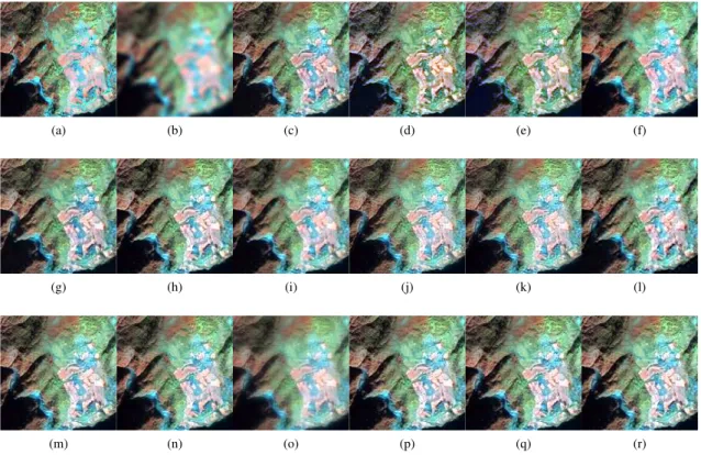 Fig. 2: China Dataset: (a) Reference Image; (b) EXP; (c) PCA; (d) IHS; (e) Brovey; (f) BDSD; (g) GS; (h) GSA; (i) PRACS; (j) HPF; (k) SFIM; (l) Indusion; (m) ATWT; (n) AWLP; (o) ATWT-M3; (p) MTF-GLP; (q) MTF-GLP-HPM; (r) MTF-GLP-CBD.