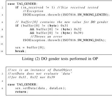 Fig. 5: DO gender writing code snippets from put data commands in the applets. OP is the only one to perform tests on the value before writing the corresponding DO.