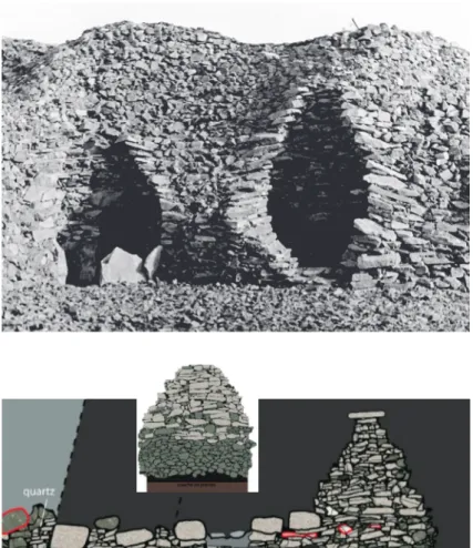 Fig. 5.  Small and large stones: internal ar- ar-rangements  ‐ corbeling in chambers C  and D (A) and survey in elevation view of  the chamber and the first part of the  cor-ridor of chamber G (B) in the large cairn  of Barnenez